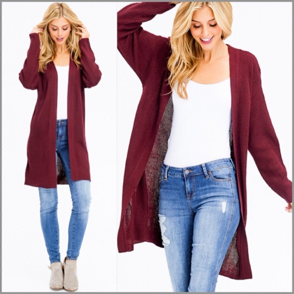 Burgundy Ribbed Open Front Duster Cardigan- Small